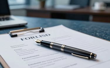 A professional desk setting with a fountain pen and official documents. The background is a blurred high-end office with oceanic slate blue color tones. The lighting is focused and clean, emphasizing a sense of trust and legal precision.