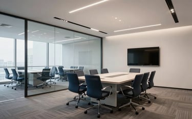 A wide-angle professional photograph of a contemporary US-based office boardroom. The scene features clean lines, glass partitions, and a serene atmosphere, with subtle off-white and medium blue decor elements.