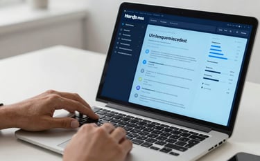 A close-up shot of a professional in a modern North American workspace organizing a digital dashboard on a laptop. The aesthetic is clean and minimalist, incorporating brand colors of deep navy blue and light azure blue, reflecting trust and strategic management.