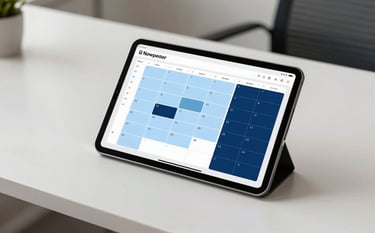 A professional image of a high-end digital tablet sitting on a clean, off-white desk in a modern North American office. The tablet displays a clear, organized calendar with scheduling blocks in pale sky blue and deep navy blue. The lighting is bright and airy, suggesting efficiency and precision.