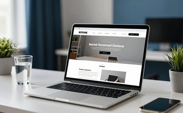 A professional desktop workspace featuring a high-end laptop showing a minimalist, modern website layout. The setting includes a clean desk, a glass of water, and a small plant. The lighting is bright and natural, with accents of dark navy and medium blue in the background office decor.