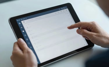 A close-up shot of a person using a tablet in a brightly lit, professional environment. The screen shows a clean dashboard with simple data points. The surroundings feature soft textures in light gray-blue and deep blue, focusing on clarity and modern technology.