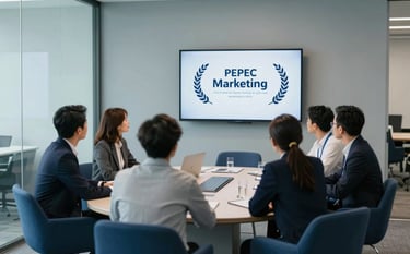 A group of professional marketing strategists in a modern, glass-walled conference room. They are looking at a presentation on a screen. The room features light gray-blue walls and deep blue furniture. The style is clean, modern, and conveys trustworthy expertise.