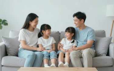 A happy family relaxing on a couch in a bright, airy living room, enjoying a cool and comfortable atmosphere. The room features soft textures and a clean, modern aesthetic with hints of #DBE3E7 blue-gray.