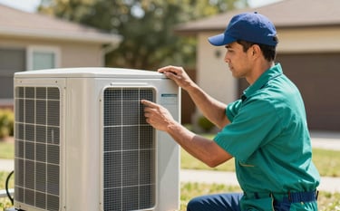 A professional HVAC technician wearing a uniform with teal accents #488C9C, inspecting an outdoor air conditioning unit in a sunny Waco, Texas residential backyard. High-quality, modern photography with a focus on trust and reliability.