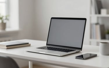 A professional and serene home office setting featuring a high-quality laptop and a minimalist desk arrangement. The lighting is soft and natural, conveying a sense of calm efficiency. The color palette includes subtle hints of #5C4B5C and #B8A1A1 in the decor, with a focus on a clean, modern aesthetic.