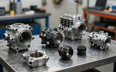 Close-up photography of authentic Honda motorcycle engine components and spare parts arranged neatly on a dark gray metallic workbench. The setting is a clean, organized Colombian professional workshop with bright, industrial-style lighting.
