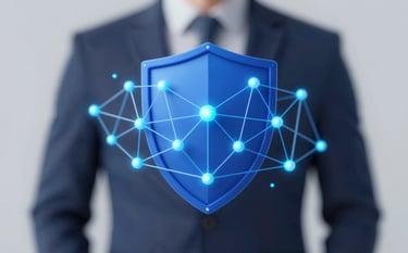 A conceptual 3D render of a digital shield icon protecting a complex network web, representing firewall management. Sleek, professional aesthetic with deep blue #0A192F backgrounds and bright #60A5FA highlights on the network nodes.