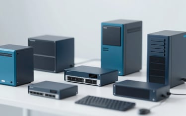 An array of modern computer hardware and enterprise network equipment displayed on a clean, bright surface. The style is minimalist and high-tech, using #F0F4F8 backgrounds and professional #1F4A6D accents on the devices.