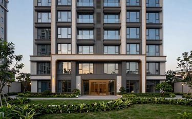A high-definition architectural photograph of a modern luxury apartment complex in Noida, South Asian / Indian urban setting. The building features clean lines and large glass windows reflecting a muted blue sky at sunset. The foreground includes lush green landscaping and professional lighting, conveying a sense of premium residential living.