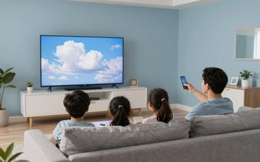 A North American / US family sitting on a comfortable sofa in an airy living room, enjoying high-definition TV together. The room is decorated in soft cloud and sky blue colors, projecting a sense of modern comfort and transparency.