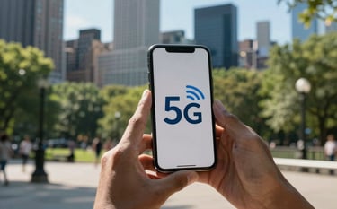 A close-up of a person's hands holding a sleek smartphone in a vibrant North American / US city park. The screen shows a 5G signal icon. The lighting is crisp afternoon sun, with slate blue tones from the city architecture in the background.