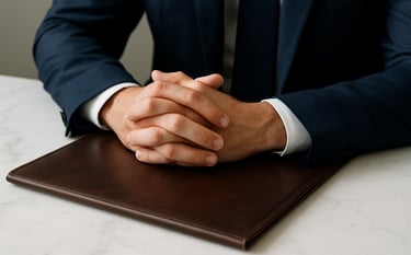 A close-up photograph of a solicitor's hands in a professional navy suit jacket, resting on a leather-bound legal folder on a white marble tabletop. The composition is clean and modern, conveying trust and meticulous attention to detail in an Australian context.