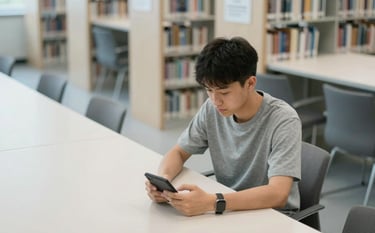 A high-angle photograph of a focused student in a modern North American / US university library. The lighting is bright and clean, emphasizing soft off-white surfaces and light blue-grey architectural details. The mood is one of quiet determination and academic precision.