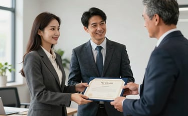 A young professional in a North American / US corporate setting receiving a certificate from a mentor. The aesthetic is sophisticated and trustworthy, with a palette of dark slate, medium blue-grey, and pale off-white accents in the office decor.