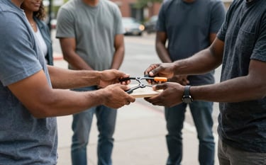 A direct-impact scenario where a foundation representative in a North American / US urban neighborhood is handing over specialized tools to a local community group. The setting is a clean, sunlit city courtyard with medium blue-grey and dark slate tones in the clothing and equipment.