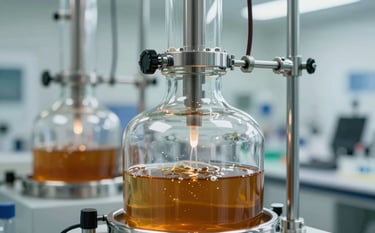 A close-up of a modern laboratory bioreactor converting organic waste into clear amber renewable fuel. Sophisticated glass and stainless steel components are lit with a soft clinical glow, incorporating brand shades #B0C8BE and #F0F4EF.