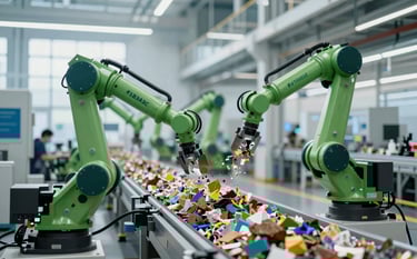 A wide shot of a futuristic, clean-tech waste management facility featuring advanced robotic arms sorting recyclable materials on a conveyor belt. The scene is bathed in bright, natural light with prominent accents of #1B3A32 and #4F7E6B. Professional and industrial aesthetic.