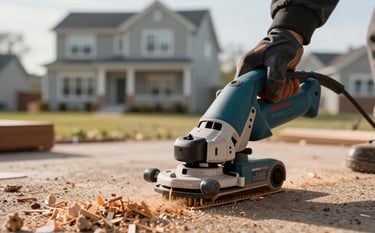A close-up of a high-efficiency stump grinder finishing a job, leaving behind fresh wood mulch. Clean North American work site, with a modern residential house in the soft-focus background. Soft morning light, professional vibe.