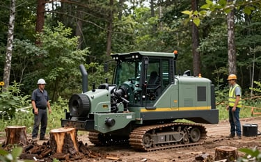 A wide shot of a heavy-duty industrial stump grinder on tracks, clearing stumps on a North American commercial land site. Professional operators wearing safety gear stand nearby. Deep forest green and sage color palette.
