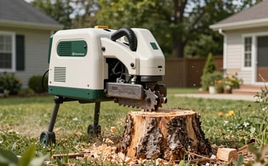 A professional stump grinding machine actively working on a large tree stump in a lush North American residential backyard. Sawdust and wood chips fly low to the ground. Bright daylight, sharp focus on the machinery's steel teeth. Off-white and dark green color palette.