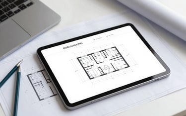 A high-angle, professional photograph of architectural blueprints spread across a clean desk next to a digital tablet and drafting tools. The lighting is bright and modern, incorporating subtle tones of #5F7C8A and #CFD8DC in the shadows and tools. The style is minimalist and precise.