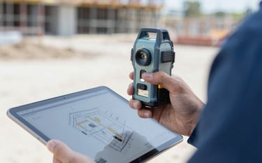 A close-up of a civil engineer's hand holding a professional laser meter and a tablet displaying a site plan. The background shows a blurred, clean construction site. The lighting is natural and crisp, highlighting a professional vibe with #ECEFF1 and #5F7C8A tones.