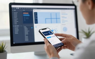 A high-end North American office workspace with soft morning light. A professional is reviewing a sleek mobile app prototype on a smartphone, while a large blurred monitor in the background shows detailed wireframes in Navy Blue and Pale Blue tones. Clean, modern composition.