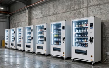 A wide-angle shot of a fleet of professional vending machines with BuildFuel PRO branding, lined up against a concrete wall in a high-tech industrial facility in Australia. Modern, cool lighting.
