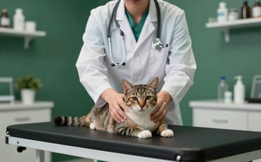 Photography of a veterinarian's hands gently comforting a cat on a modern examination table in a Latin American / Spanish veterinary office. The background uses deep forest green accents and soft lighting to project trust and empathy.