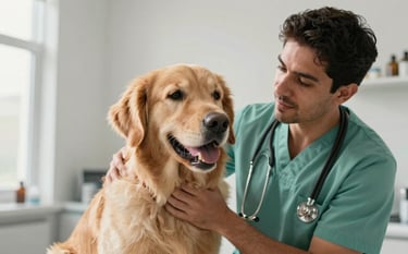 A close-up photograph of a professional veterinarian in a modern Latin American / Spanish clinic, calmly examining a friendly golden retriever. The scene is illuminated with natural morning light, featuring soft pale mist white walls and muted moss green medical attire.