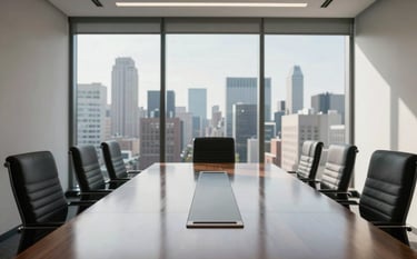 A minimalist, sunlit boardroom in a US skyscraper overlooking a cityscape. A polished wooden table reflects the sophisticated, insightful, and calm mood of a high-stakes strategy firm.
