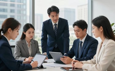 A high-end modern office setting in a North American city. Professionals are engaged in a collaborative session around a table with tablets and documents. The atmosphere is professional and authoritative, with soft morning light and a palette of navy blue and off-white.