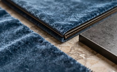 A close-up photograph of premium interior design materials. Featured are muted steel blue velvet swatches, a piece of warm taupe marble, and a dark charcoal metal accent. The lighting is soft and cinematic, highlighting rich textures.