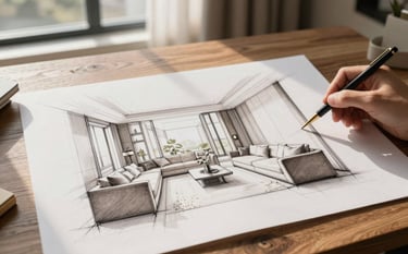 A high-end architectural sketch of a luxury living room on a wooden table. The drawing features minimalist lines, pearl white walls, and warm taupe furniture. Soft morning sunlight streams through a large window, creating a serene and professional atmosphere.