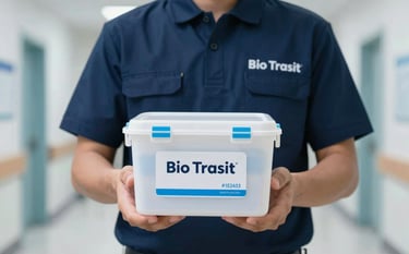 A close-up shot of a courier wearing a professional uniform with a subtle Bio Transit logo, carefully holding a secure, temperature-controlled biological specimen container. The background is a clean, modern hospital hallway in soft focus. Lighting is bright and sterile. Brand colors #1E2A38 and #A0D2DB are incorporated in the uniform and container accents.