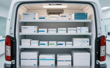 A view into the back of a pristine medical delivery van showing organized, secure shelving units containing pharmaceutical boxes. The interior is brightly lit with a clean, white and clinical aesthetic. The palette features #3B6B7C and #F5F8FA, emphasizing order and medical-grade cleanliness.
