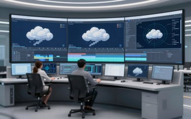 A futuristic production control room with wide curved monitors displaying video editing timelines and cloud telemetry charts. Professional, sophisticated atmosphere using brand colors #0F172A and #A1B5BB.