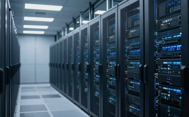 A sophisticated data center interior with infinite rows of server racks, illuminated by cool blue and slate lighting (#0F172A, #A1B5BB). The style is photorealistic and sleek, emphasizing massive scale, security, and cutting-edge reliability.