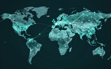 A digital visualization of global network connectivity. Glowing data nodes and fiber optic streams flow across a dark teal background (#2E4F4F). The composition is dynamic, representing high-speed OTT and streaming media traffic.