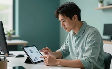 A focused professional in a modern North American / US design studio reviewing mobile wireframes on a tablet. The setting is clean and minimalist with Deep Slate Teal accents and Soft Mint natural lighting.