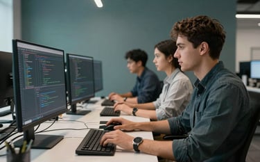 A team of skilled developers in a collaborative North American / US tech workspace, coding together on multiple monitors. The environment reflects innovation with Muted Teal walls and sleek furniture.