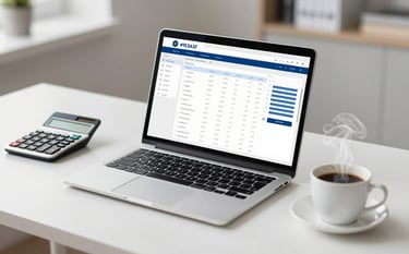A clean, professional desk arrangement featuring a sleek laptop displaying a financial spreadsheet, a calculator, and a steaming cup of coffee. The lighting is bright and supportive, emphasizing organization and clarity. Incorporates brand colors #1E3A5F and #A2B7C7 in the desk accessories.