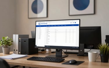 An organized home office setting with a wide-angle view of a desk, showing high-end accounting software on a large monitor. The lighting is warm and authoritative. Brand palette #1E3A5F and #4A729A are used in the wall art and office decor.