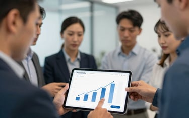 A close-up of a diverse professional team pointing at a growth chart on a tablet. The mood is collaborative and authoritative. The background is a blurred, efficient office space. Highlights subtle brand colors #4A729A and #E9F2F7.
