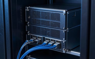 Close-up of high-performance server hardware in a professional data center located in a modern Latin American tech hub. Subtle electric blue light glow on cables and metallic surfaces, reflecting a dark navy background. Minimalist and technical.