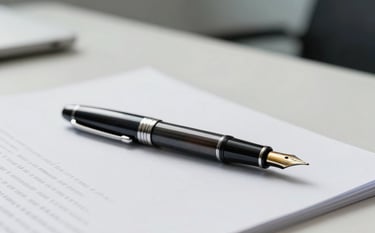 A close-up photograph of an elegant fountain pen resting on a crisp white legal document. The background is a blurred minimalist office desk with soft off-white and muted blue-grey tones, emphasizing professional focus and clean lines.