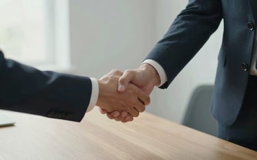 A minimalist, high-key photograph of two people in business attire shaking hands over a clean, light wood table. The lighting is soft and natural, with hints of soft off-white and muted blue-grey in the surroundings.