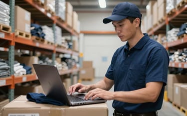 A professional logistics agent in a modern Maryland warehouse carefully inspecting a high-end laptop and clothing items for shipping, professional lighting with Soft Mist White and Deep Navy Blue tones.