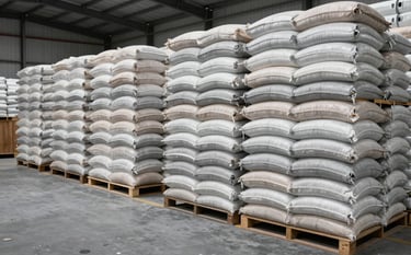 Massive stacks of agricultural sacks neatly arranged in a clean, ventilated warehouse section in India. The composition shows the scale of the bulk storage area, with silver grey floors and professional organization.